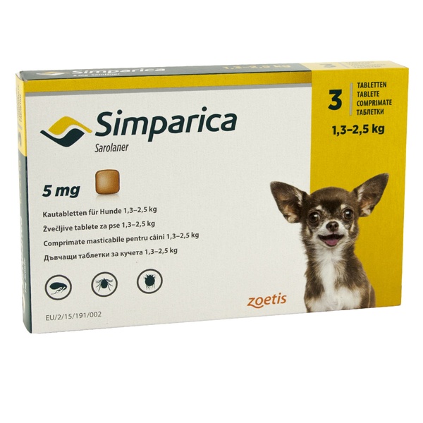 Таблетки Simparica от блох и клещей для собак весом 1.3-2.5кг, 1шт