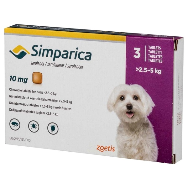 Таблетки Simparica від блох і кліщів для собак вагою 2.5-5кг, 1 таблетка