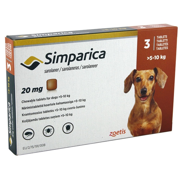 Таблетки Simparica от блох и клещей для собак весом 5-10кг, 1 таблетка