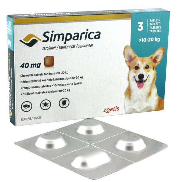 Таблетки Simparica от блох и клещей для собак весом 10-20кг, 1шт
