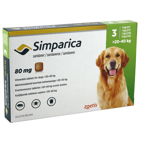 Таблетки Simparica от блох и клещей для собак весом 20-40кг, 1шт