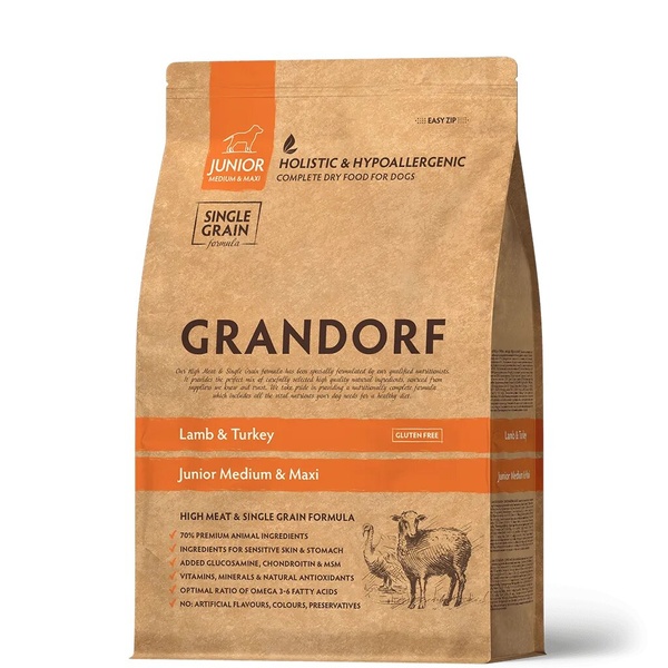 Grandorf Юниор – сухой комплексный корм для собак юниоров всех пород с ягненком и рисом 1кг