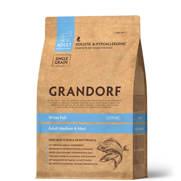 Grandorf Рыба – сухой комплексный корм для взрослых собак белая рыба с рисом 1кг