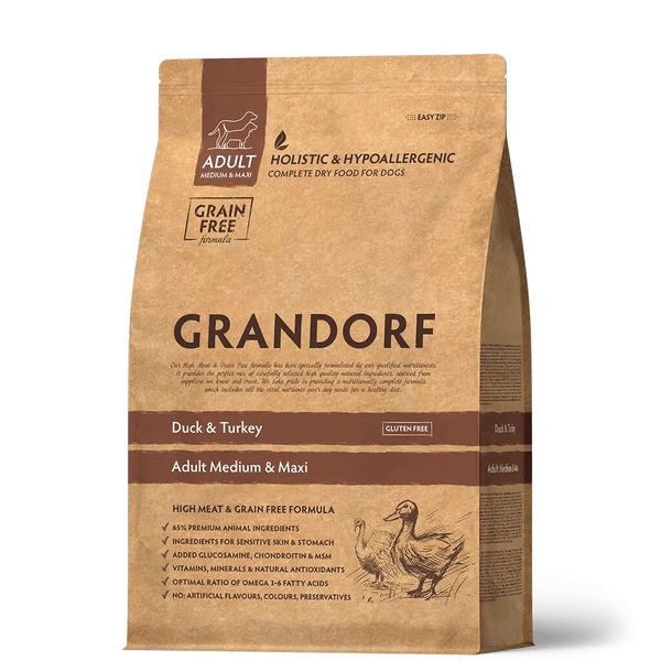 Grandorf Утка – сухой комплексный корм для взрослых собак утка с бататом 1кг